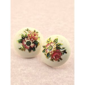 Vintage 80s Floral Stud Earrings Acrylic Pink Rose Cream Gold Tone Boho Dome